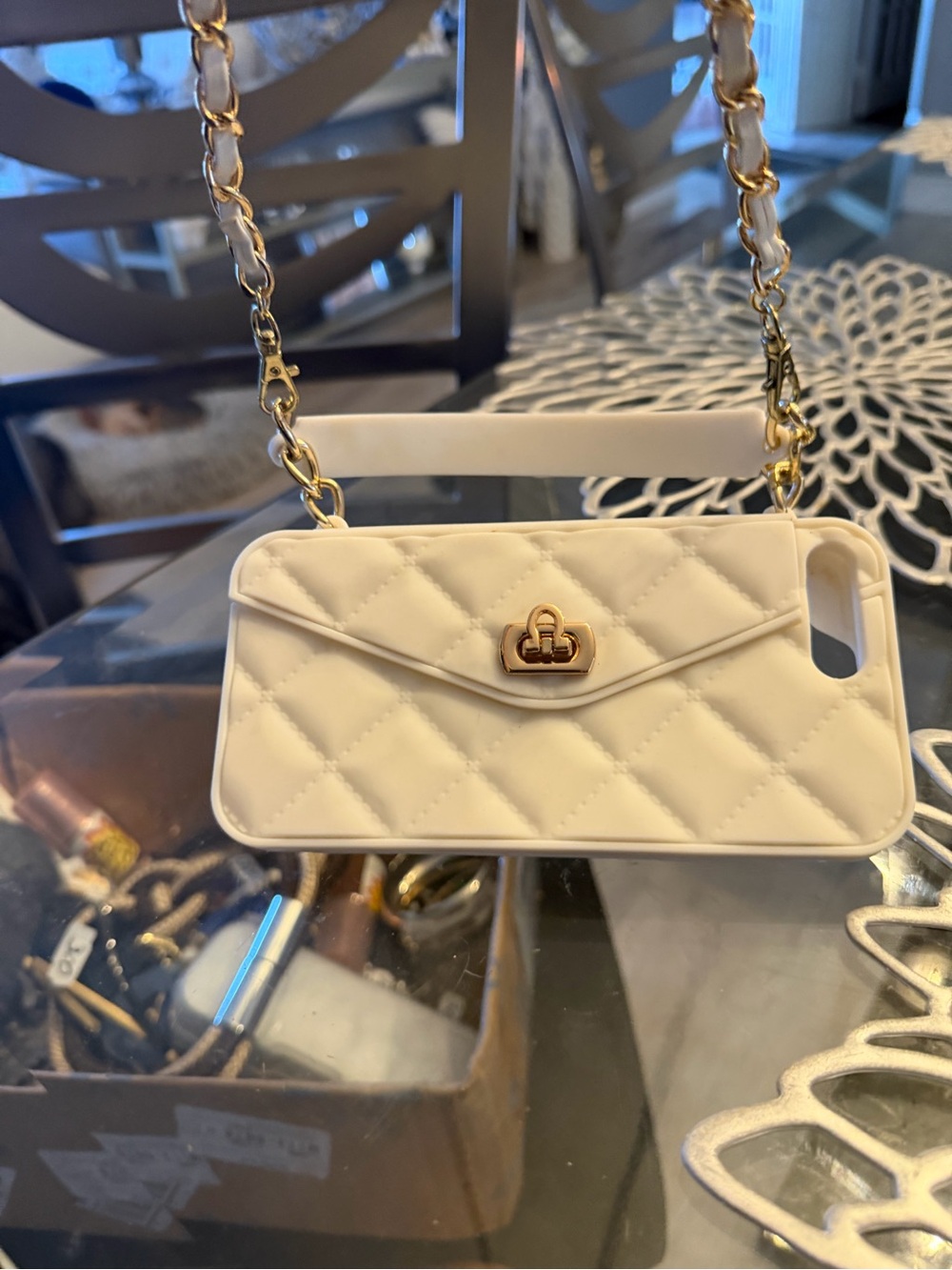 White Quilted Crossbody Phone Case with Gold Chain